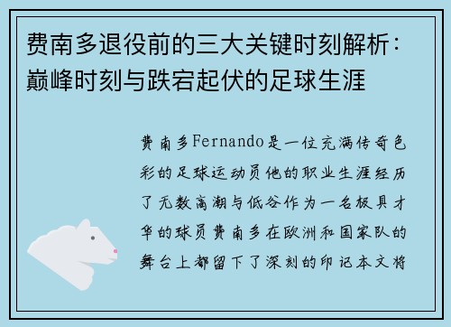 费南多退役前的三大关键时刻解析：巅峰时刻与跌宕起伏的足球生涯