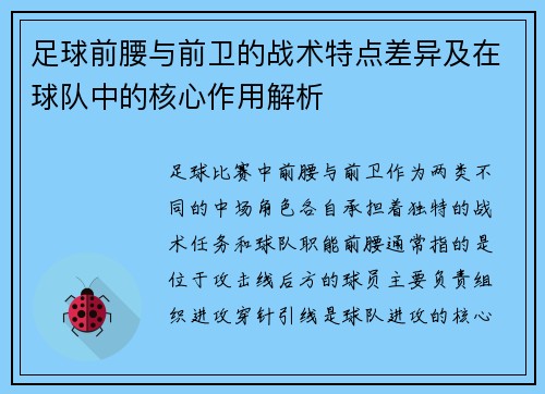 足球前腰与前卫的战术特点差异及在球队中的核心作用解析